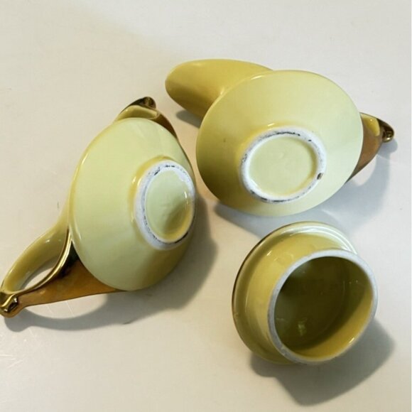 Vintage Pearl China Co Yellow 22K Gold Tea Set Teapot Creamer & Sugar 40s MCM - Picture 15 of 16